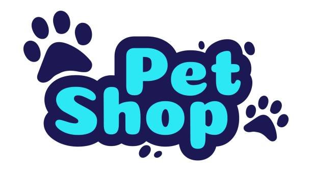 Pet shop logo design template. Store with goods and accessories for animals label. Lettering with paws signboard. Zoo shop emblem banner isolated on white background vector illustration